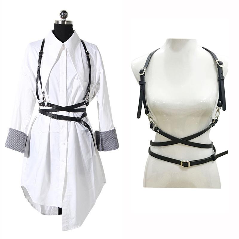 

Seabigtoo Retro Punk Strap Girdle Sexy Women Belt Decorative Shirt Dress PU leather Smooth Buckle Vest Harness Belt For Women, Black