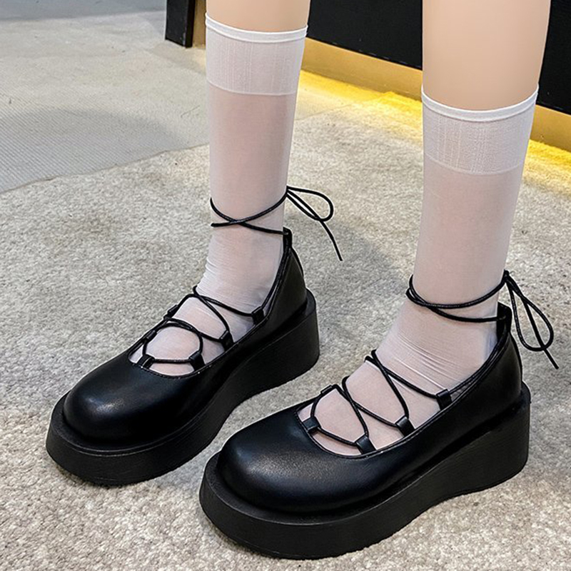 

2021 The New Fashion Cross Girdles Women's Leather Thick Jumps Platform Mary Jane Shoes Round Toe Lady Lolita Qsx5, Black matte.