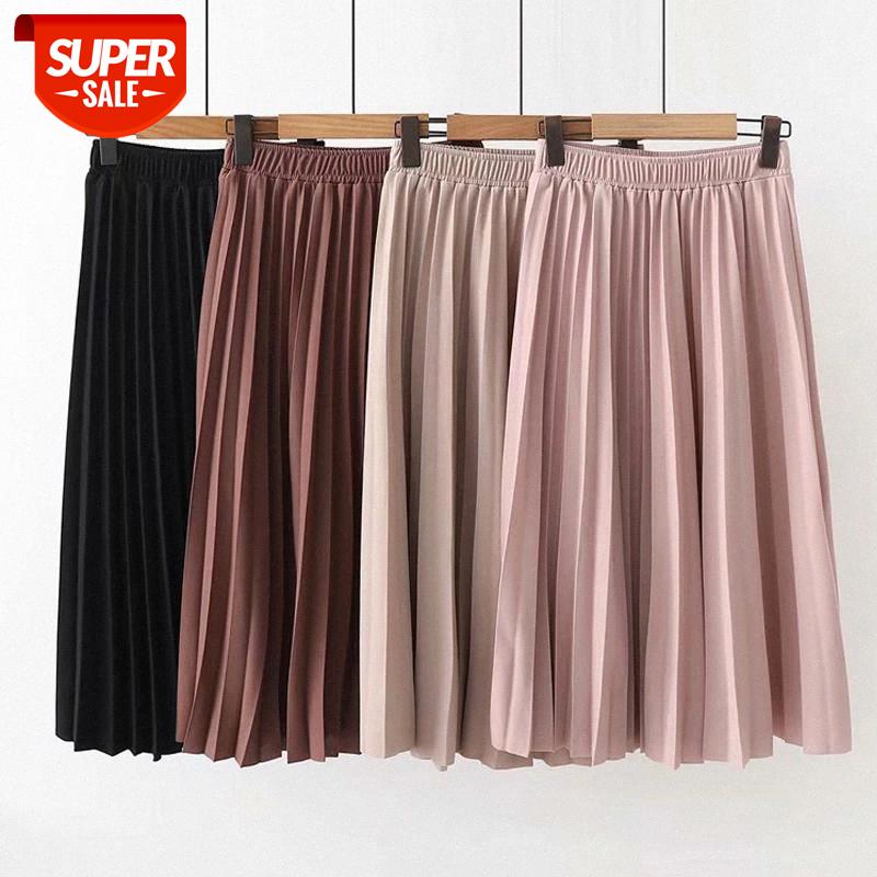 

2020 Spring Summer Women High Waist Skirt Solid Color Pleated Skirt Women Causal Midi Skirts #0l8l, White;black