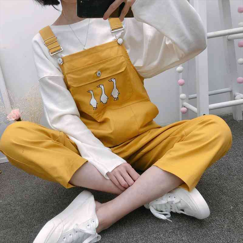

jumpsuits women strap playsuits students korean style womens bf slim cartoon kawaii pocket ankle-length leisure chic, Black;white