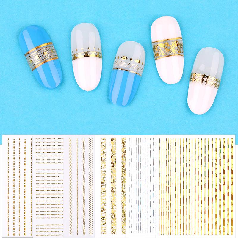 

1 Sheet Gold Silver Metal 3D Nail Stickers Self-adhesive Stripe Lines Shape Mixed Patterns Transfer Decals Nail Art Decoration
