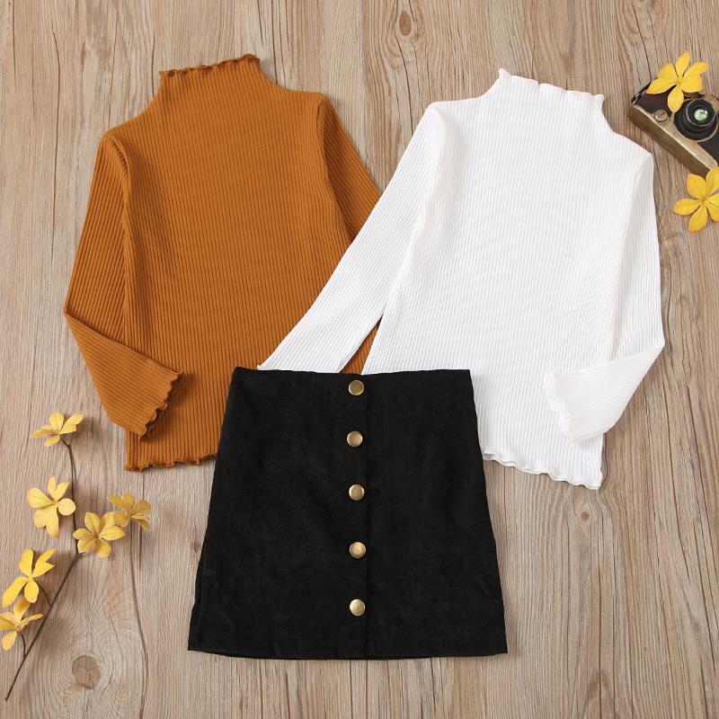 

New Autumn Winter Toddler Baby Girls Clothes Long Sleeve Mock Neck Knit Tops + Button Skirt Outfits 2PCS Set, White