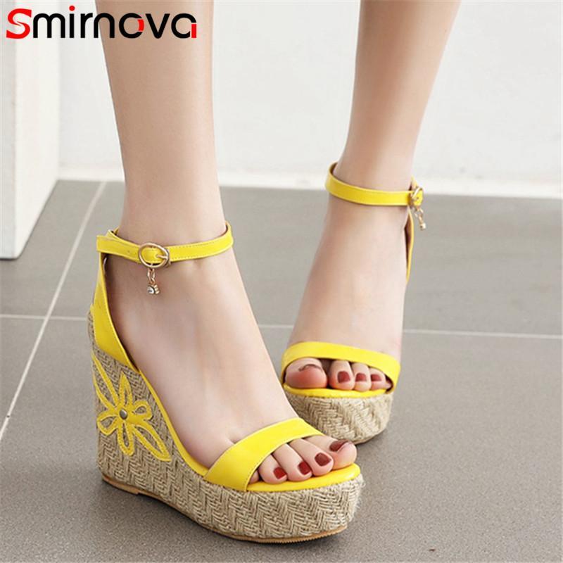 

Smirnova 2020 plus size 33-46 women sandals ankle buckle flower summer wedges platform sandals elegant party shoes woman1, Pink