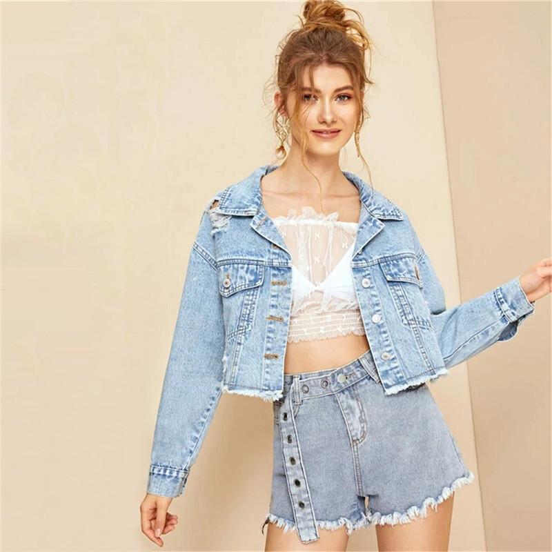 

New Blue Ripped Frayed Edge Flakes Crop Denim Jacket Women 2020 Spring Casual Single Breasted Jeans Jacket Autumn Coat Outwear