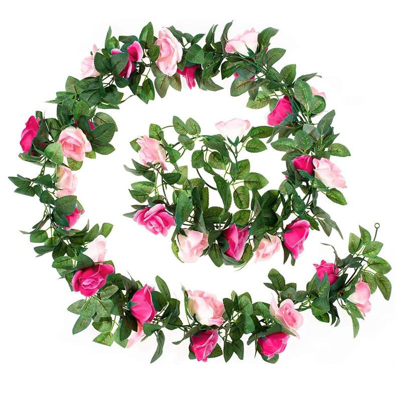 

HOT SALE 2Pcs Fake Rose Vine Flowers Plants Artificial Hanging Rose Garlands For Wedding Party GardenDecor Arch Arrangement, Green