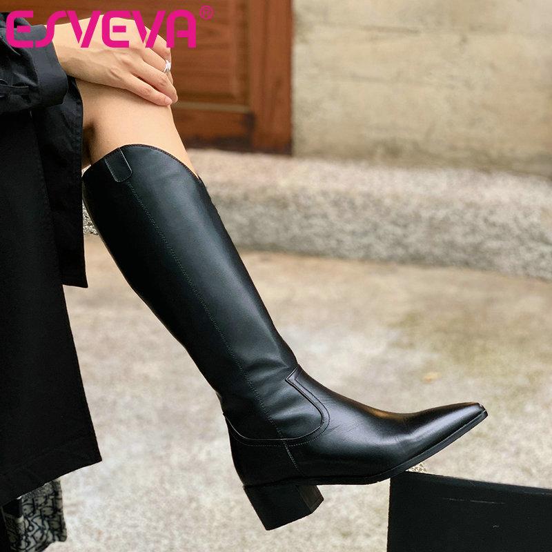 

ESVEVA 2021 Western Style Zipper Square High Heel PU+Leather Knee High Boots Platform Women Boots Pointed Toe Shoes Size 34-43, Beige-plush
