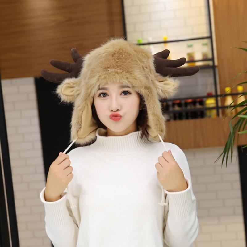 

Winter Furry Plush Trapper Hat Cute Ox Horns Deer Antlers Fluffy Earflap Cap J78E