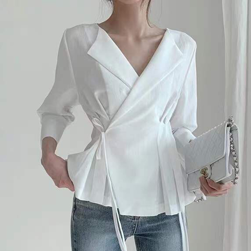 

2021 New Vintage French Style Women's Solid Shirts Low-necked Lace Up to Female Blouse Thin Waist Nine Quarters Chiffon Spring Shirt UXHQ, Black