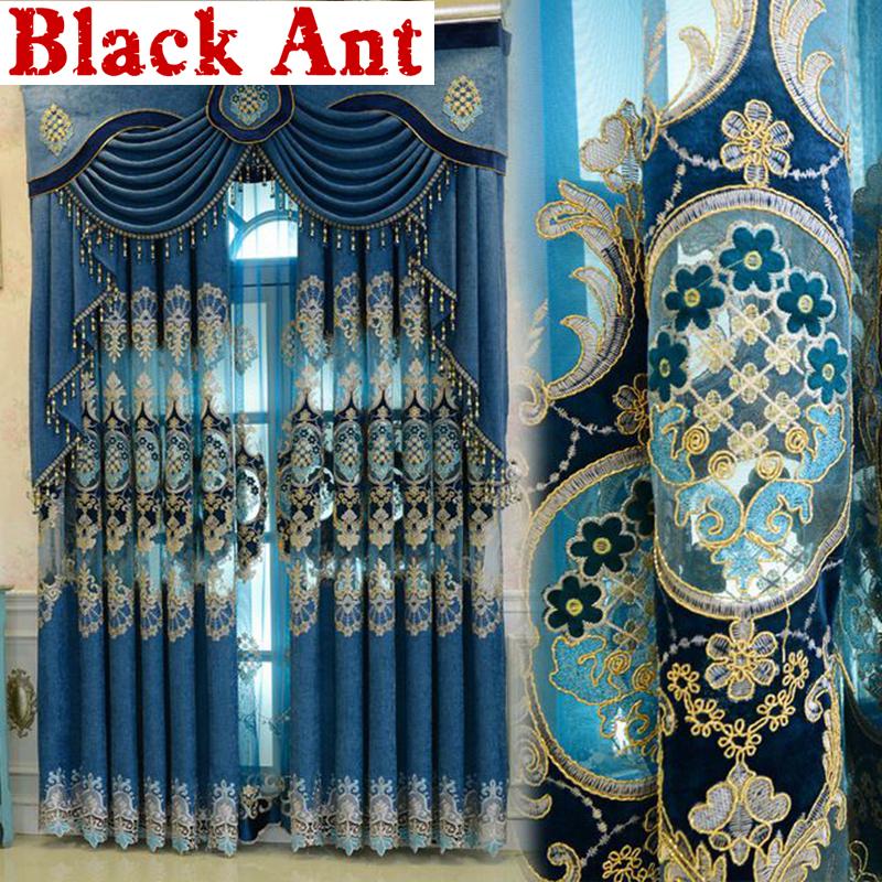 

Europe Dark Blue Semi-Blackout Curtains Bedroom Living room Villa Door Window Drapes Luxurious Hollow Embroidered M116F, Tulle 01