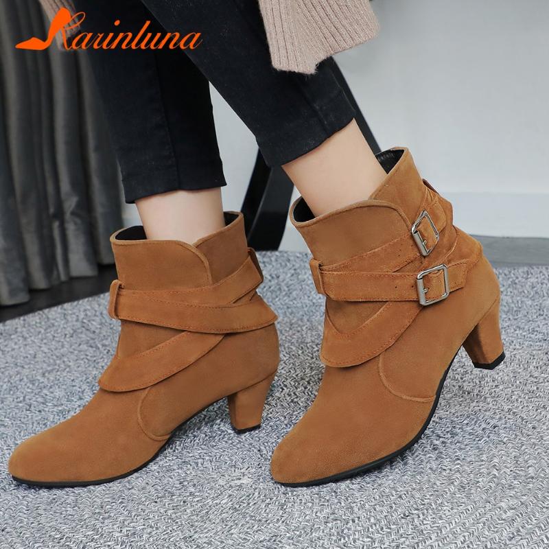 

2021 New Fashionable Leisure Women Shoes Pointed Toe Office Ladies Elegant Buckle Straps Spike Heels Flock Ankel Boots, Black