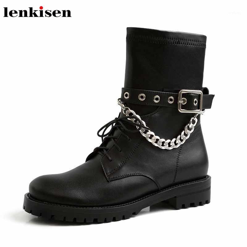 

Lenkisen metal chains decorations belt buckle genuine leather boots round toe high heels warm women rock punk mid-calf boots L091, Black