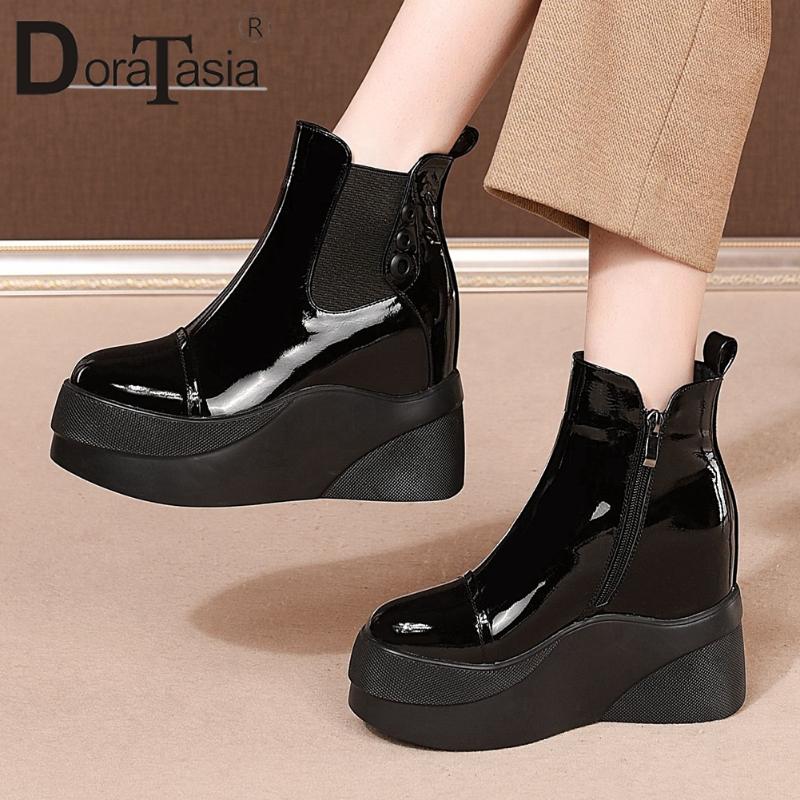 

DORATASIA Ladies Genuine Leather Ankle Boots Fashion Height Increasing Boots Women Platform High Heels Zip Party Shoes Woman, Beige