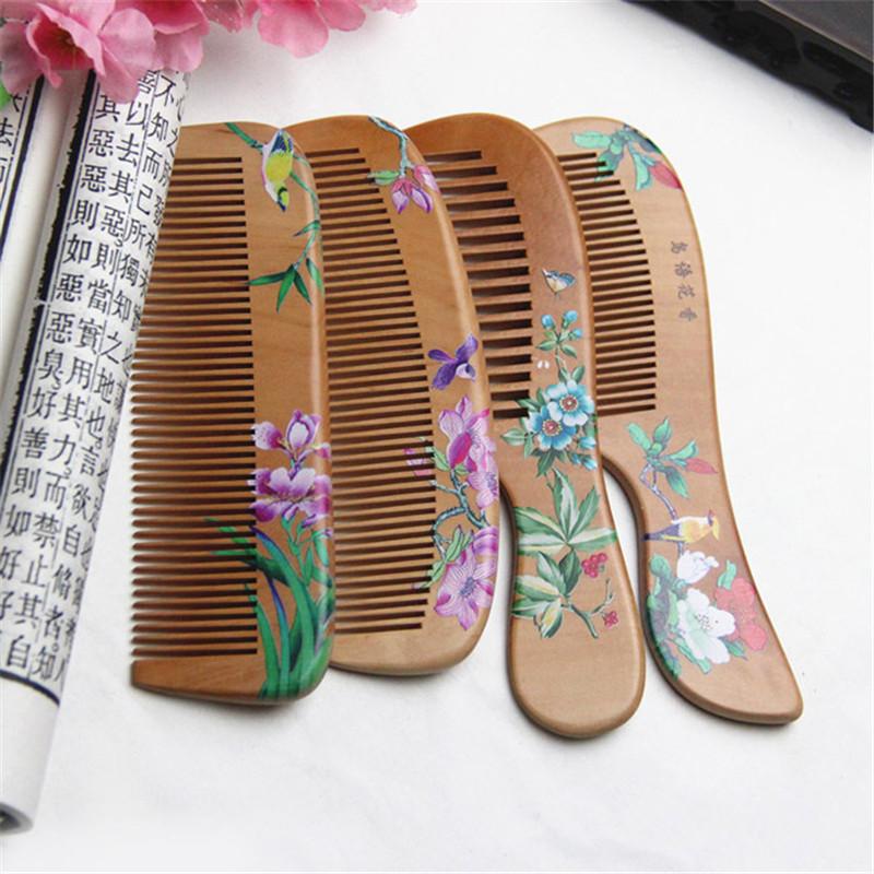 

1PC Vintage Design Floral Print Peach Wood Hairbrush Comb For Salon Family Use Hairdressing Anti-static Massage Scalp Combs