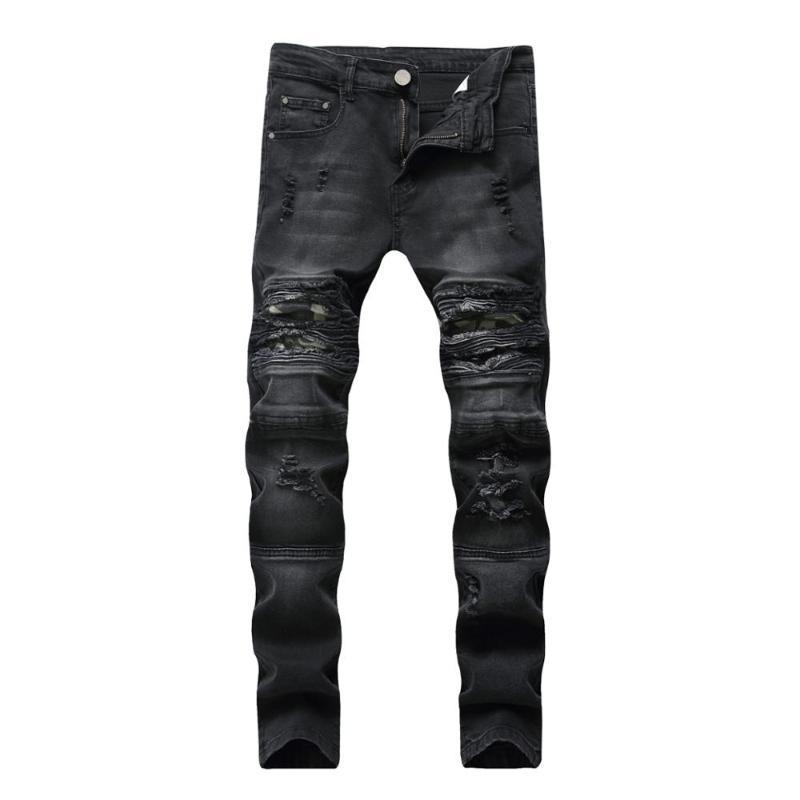 

Men's perforated small feet slim elastic casual jeans motorcycle camouflage pants, Blue