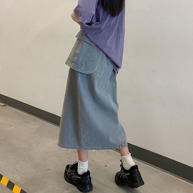 

2021 New Long irregular denim Korean waist midi women's side pocket jean style skirt jeans (x1498 AY26, Blue