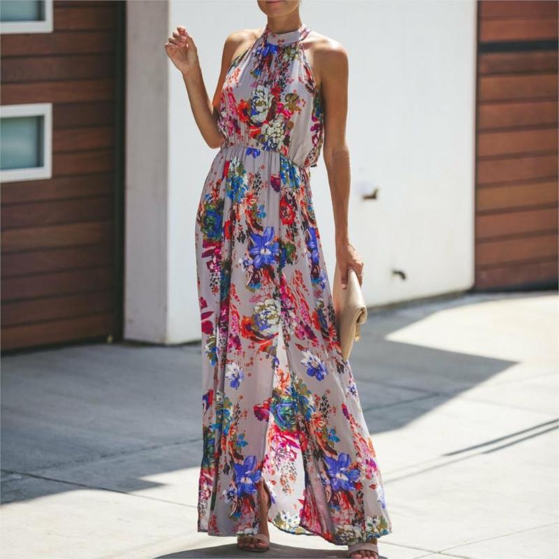 

Halter Style Women Summer Floral Dress Casual Boho High Waist Long Maxi Holiday Party Sleeveless Loose Dress Clothes, Gray