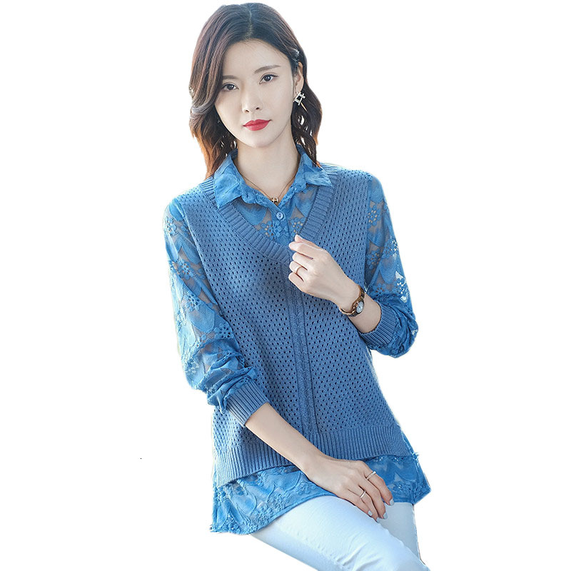 

2021 Women's Sweater New Autumn Fake Two-piece Shirt Collar Pullovers Patchwork Long Sleeve Lace Knit Bottoming Tops Femmen Y18 Kncf, Blue