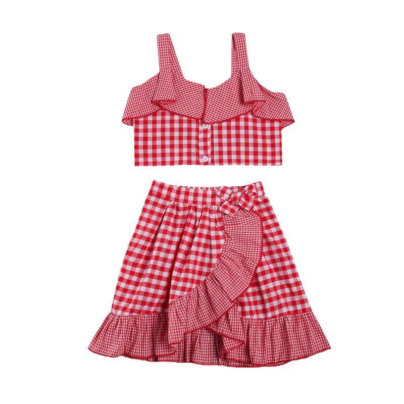 

2-7 Years Little Girl's 2 Pcs Fashion Casual Suit Plaid Button Short Waistcoat Irregular Ruffle Skirt Summer Sweet Outfits Set, As pic