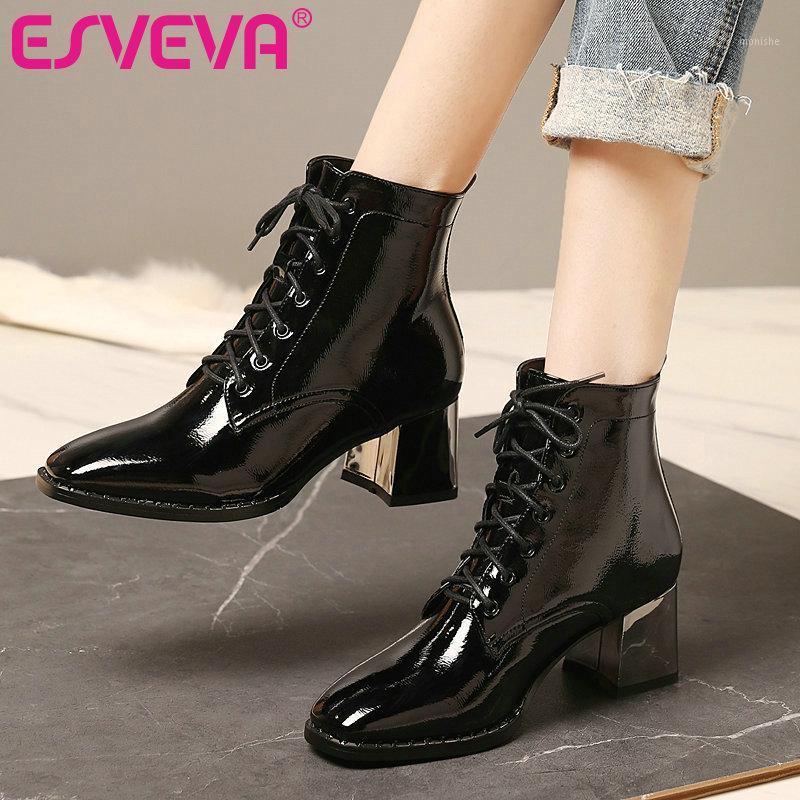 

ESVEVA 2021 Elegant Round Toe Square High Heel PU Leather Ankle Boots Women Boots Shoes Western Style Black Size 34-431