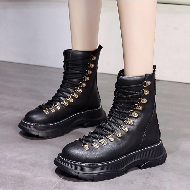 

Black White Ankle Boots Female 2020 New Autumn British Lace Up Designer Platform Boots Classic Punk Motorcycle Women Shoes1