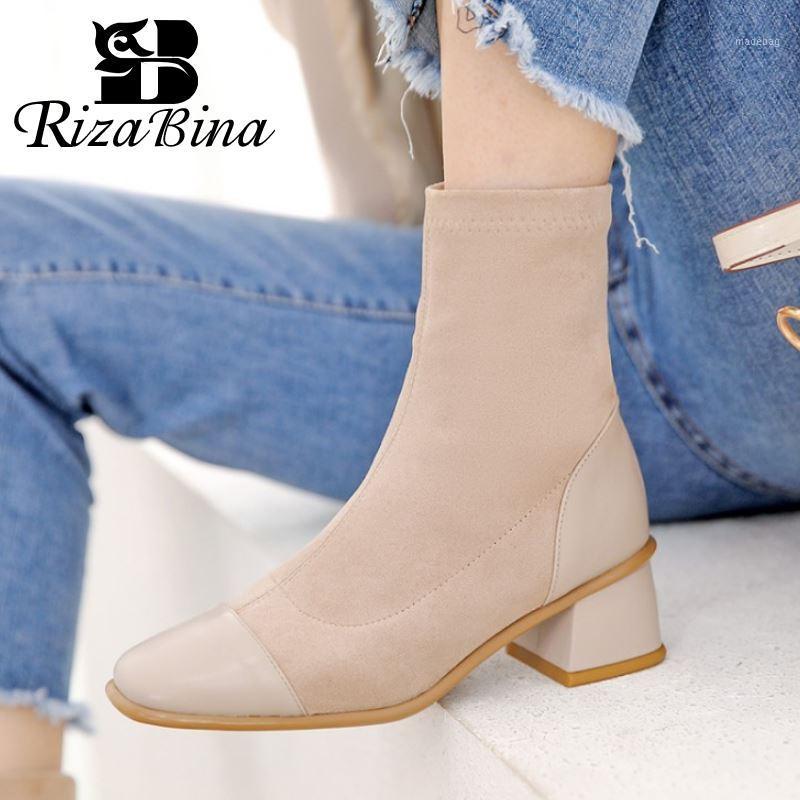 

RIZABINA New Real Leather Ankle Boots Square Toe Patchwork Shoes Sock Boots Slip On Shoes Casual Footwear Outdoor Size 34-391, Black