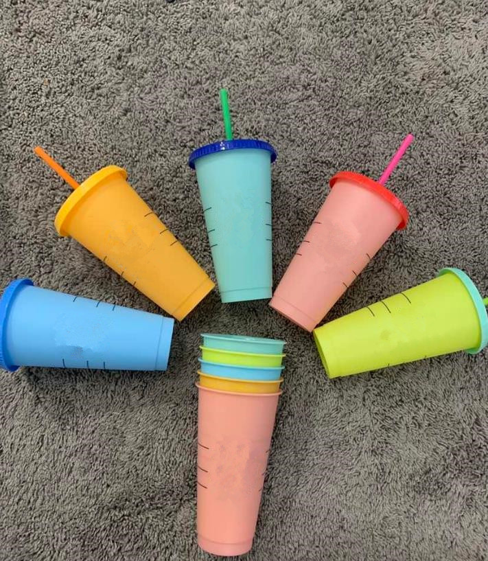 

24OZ Color Change Tumblers Plastic Drinking Juice Cup With Lip And Straw Magic Coffee Mug Costom color changing plastic cup(1set=5pcs, Customize