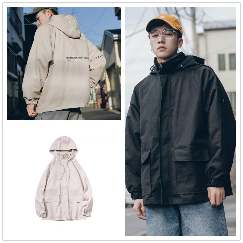 

2020 Spring Autumn Jacket Men Loose Hooded Men Coats and Jackets Outwear Streetwear Windbreaker cargo Jacket, Black