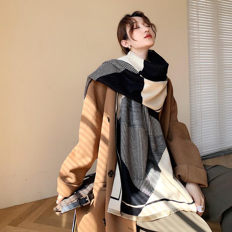 

Scarves 2021 Autumn And Winter Korean Geometric Striped Scarf Women's Warm Padded Shawl Dual-Purpose Cashmere