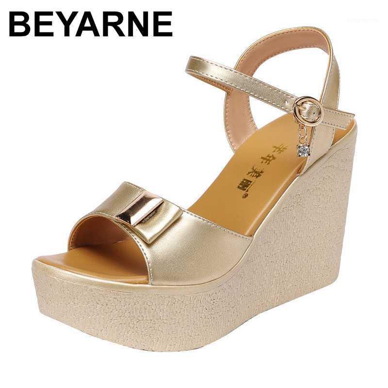 

BEYARNE 2020 New Open Toe Platform Sandals Women Shoes 2020 Bow High Heels Wedge Sandals Ladies Elegant Office Gold1, Black