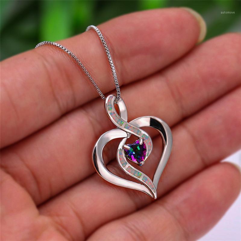 

Cute Female Big Infinity Heart Pendants Necklaces Silver Color Wedding Necklaces For Women Blue White Rainbow Opal Necklace1