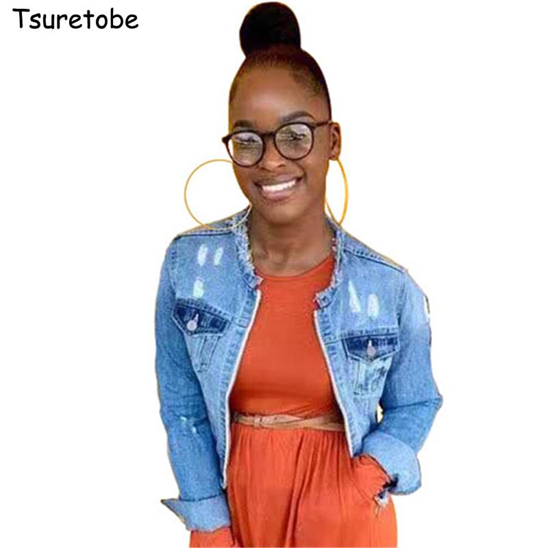 

Tsuretobe Autumn Ripped Denim Jacket Women Casual Tassel Jeans Jacket Long Sleeve Jeans Coat Short Denim Coat Outerwear Female, Blue