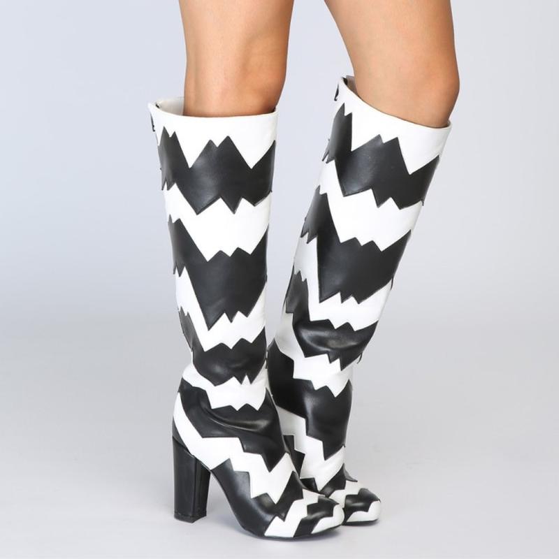

Runway Womens High Heels Shoes Riding Boots Pointy toe Knee High Block Heel Black White Match Colors Plus Size