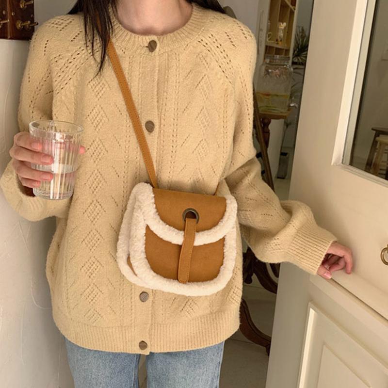 

Fashion Splicing PU Leather Fleece Messenger Bag Women Autumn Saddle Shoulder Handbags Portable Top-handle Tote, Black