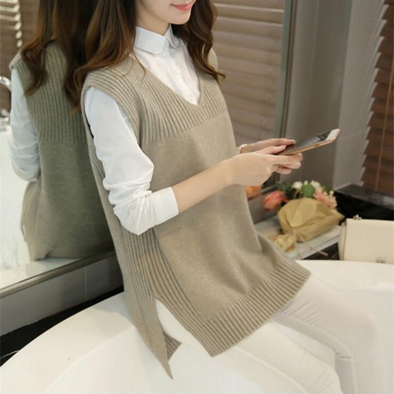 

Spring Autumn Wool Sweater Vest Women Sleeveless O-Neck Knitted Vests Long Sections Poullover Vest Female Jumper Pull Femme 201111, Khaki