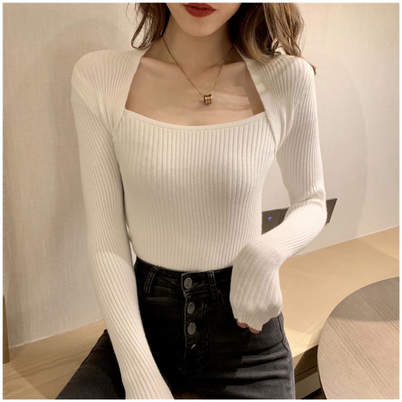 

New 2020 Autumn Winter women long sleeve square shawl neckline knitted pull sexy sweater shoulder off sweater top femme pullover, Beige