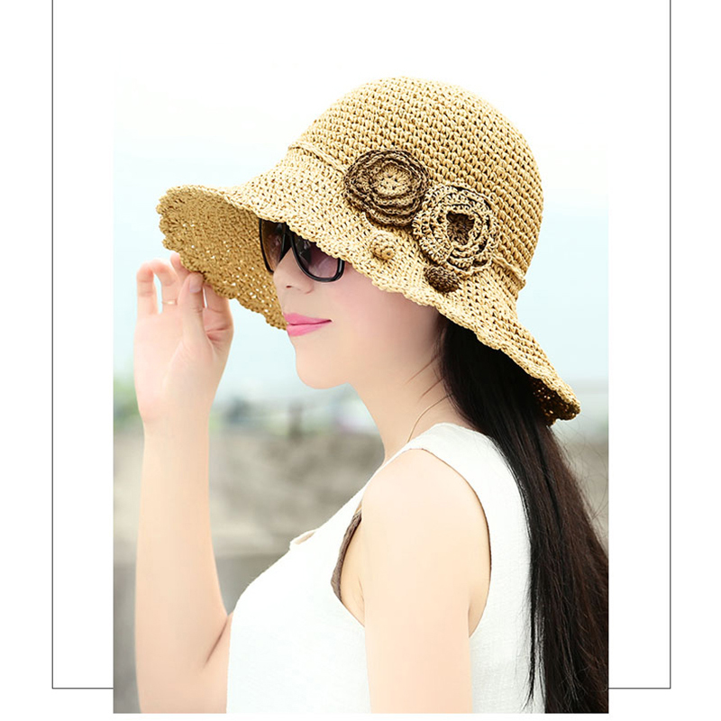 

2020 Women New Sun Hat Foldable Straw Hat Sunproof Summer Care Solid Color Flowers All Match Sweet Female Caps Casual Elegant, Two flowers pink