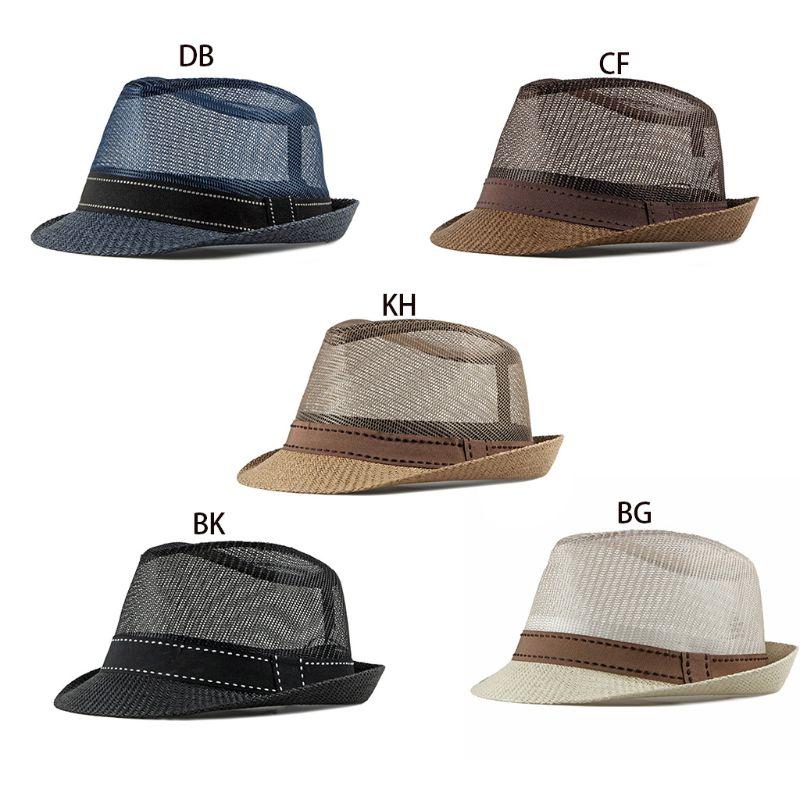 

Summer Breathable Mesh Men Women Jazz Hat Solid Color Handmade Braided Short Brim Adjustable Beach Sun Visor Panama Bucket 2XPD, Khaki