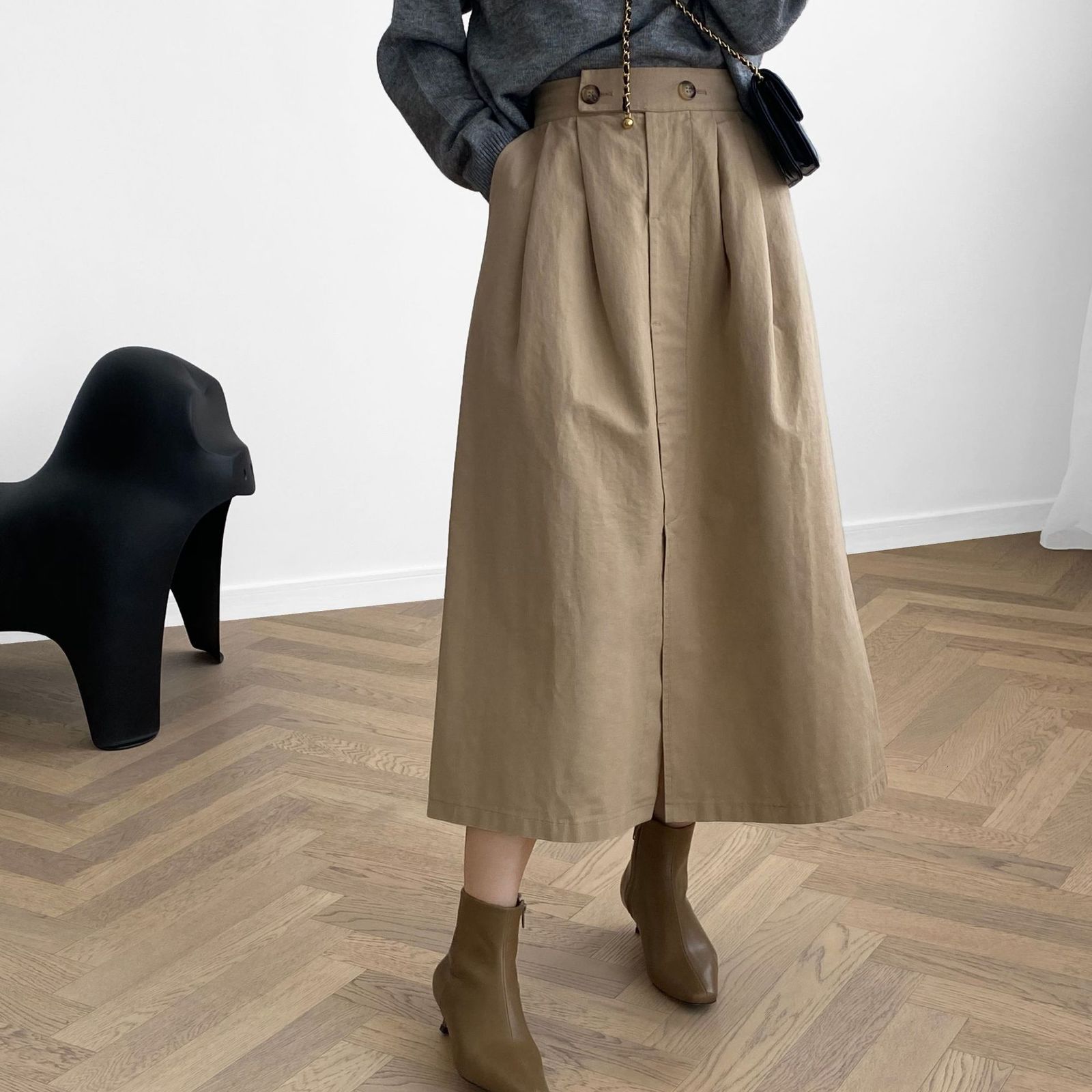 

2021 New High A-line Autumn Elegant Long Cotton Skirt Femme Back Stretch Waist Faldas Jupe Saia Women Skirts Yilj, Beige