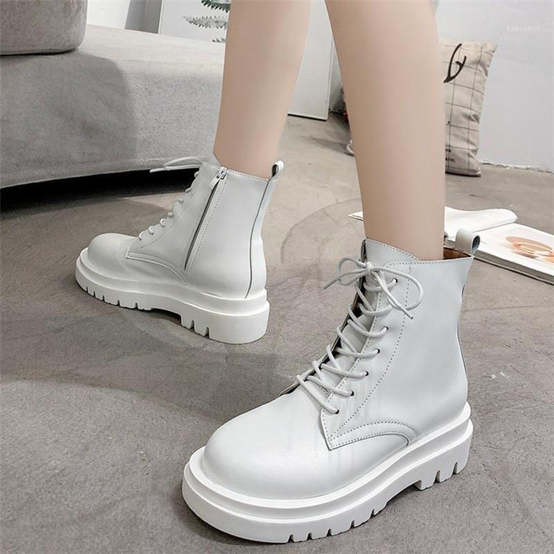 

2021 Women Ankle Boots Platform Round Toe Lace Up 5cm Heel Boots for Woman Zip Women Shoes Botas White Black Basic 34-401