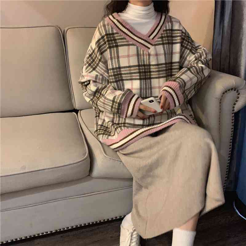

Retro Harajuku Autumn Winter Women Knitted Plaid Ribbed Pullover Long Sleeve Turtleneck Jumper Soft Warm Pull Femme Sweater Top, White;black