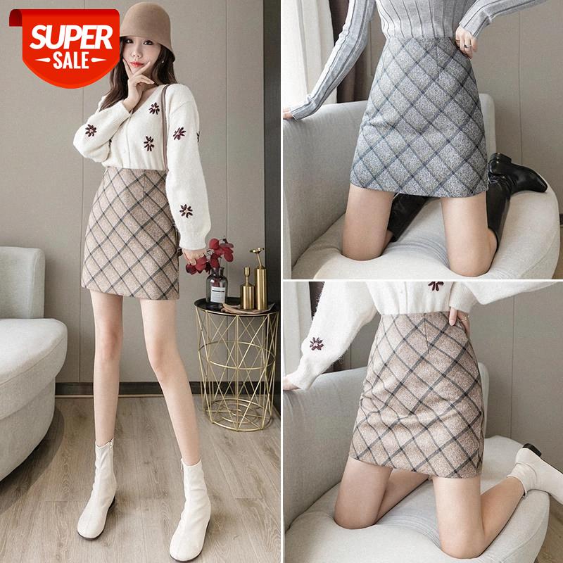 

JXMYY Woolen plaid skirt female 2020 autumn and winter new retro all-match bag hip a-line skirt one-step #Vw4g, White;black
