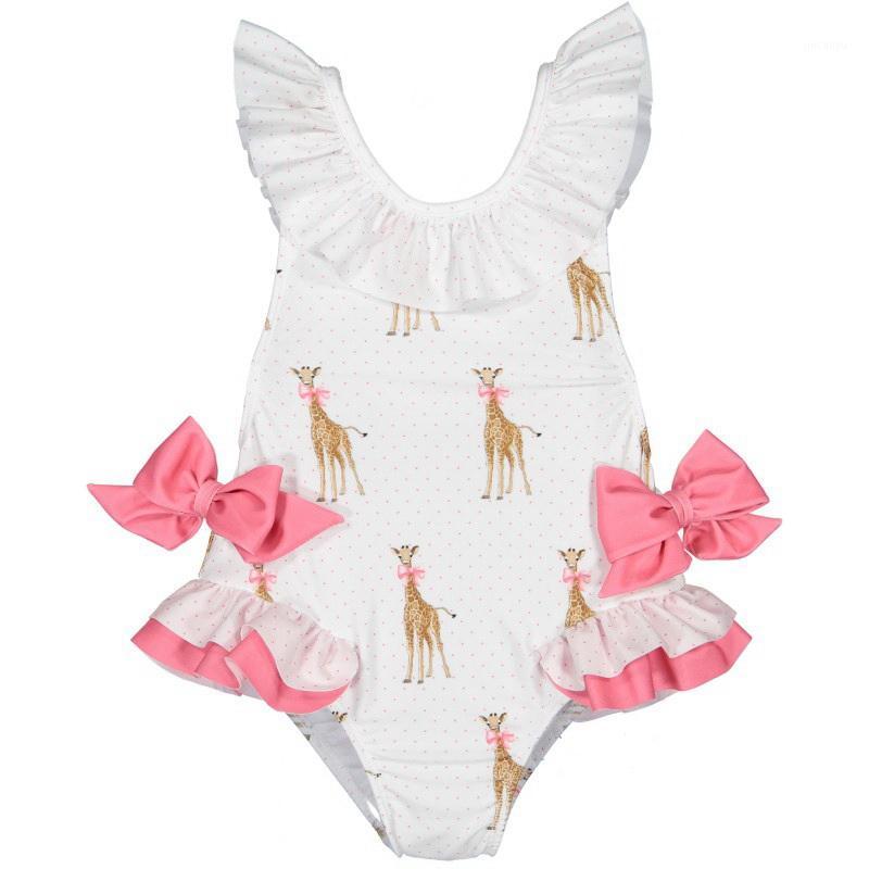 

2020 Summer New Girl Swimwear With Hat Children Cartoon Giraffe Bow Kids Cute Swimsuit Clothing 2-7Y E60181
