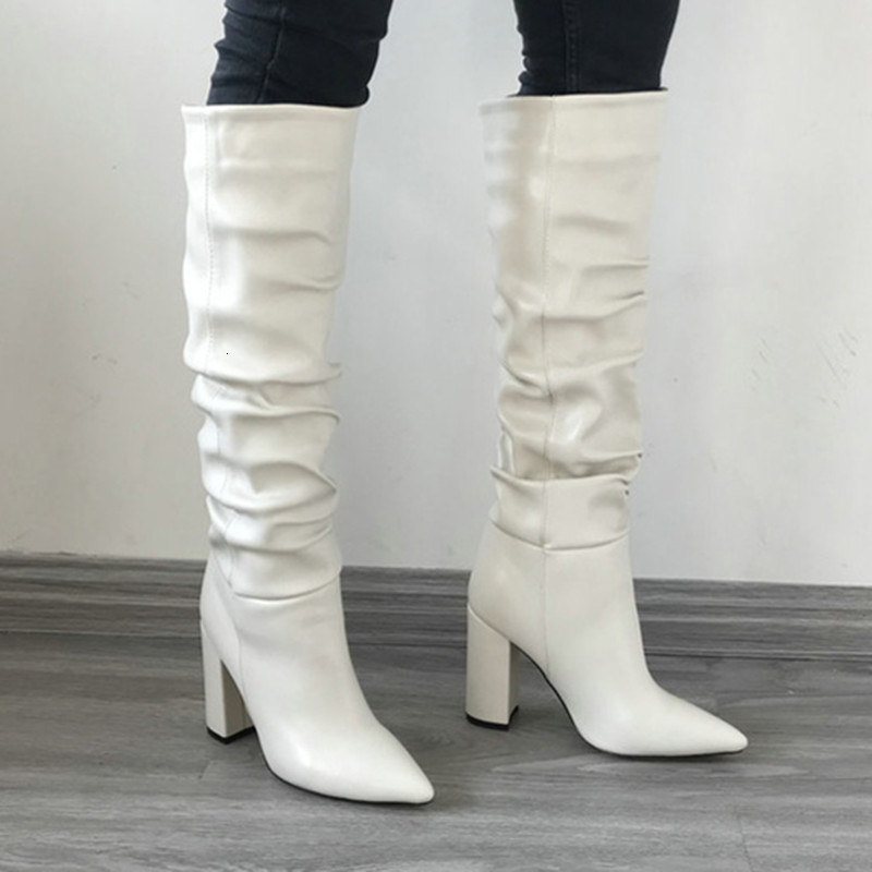 

2021 New Chunky Heel Knee High Black Beige White Slouchy Women Pointed Toe Fold Boots Woman Heels Winter Shoes Uajc, Brown