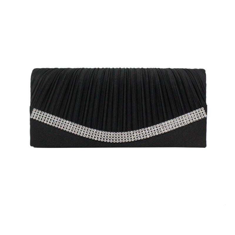 

European American diamante clutch bag pleated drape satin evening bag for lady girl woman, Black