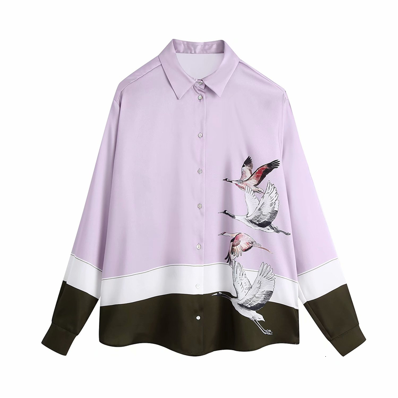 

2021 New Elegantes Camisas Impresso De Guindaste Moda Senhoras Retalhos Camisa Estilo Chins Feminino Chique Solto Tops Casual 1isz, Lavender
