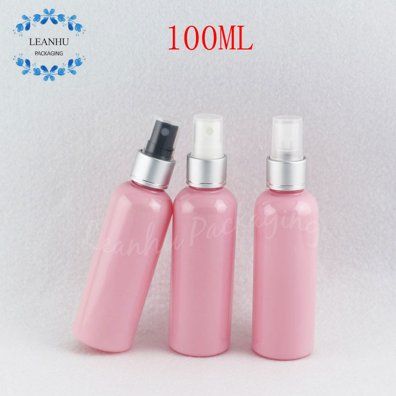 

100ML Pink Plastic Bottle With Silver Spray Pump , 100CC Empty Cosmetic Container Toner / Water Packaging ( 50 PC/Lot )