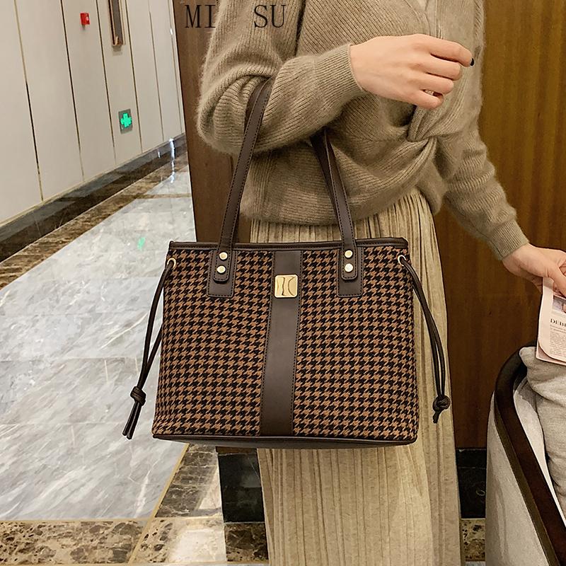 

Shoulder Tote Bag For Women 2021 New Top Luxury Shopper Large Capacity Houndstooth Plaid Vintage Designer Ladies Female Handbags, Black