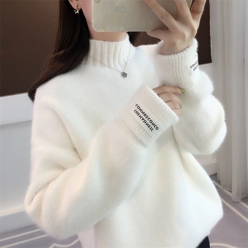 Winter White Sweater Women Casual Loose Thick Sweaters Lady Turtleneck Solid Color Simple Knit Pullover Top 201128