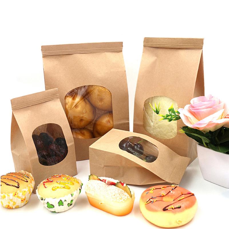 

50Pcs Bakery Bags with Clear Window Sealing Grease Proof Kraft Paper Bag for Cookie Coffee Kitchen Accessories