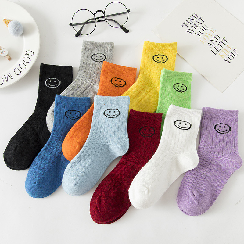 

Kids Cotton Socks Autumn Winter Spring Children Boys Girls Warm Mid Socks Cartoon Smiling Face Sports Socks, White